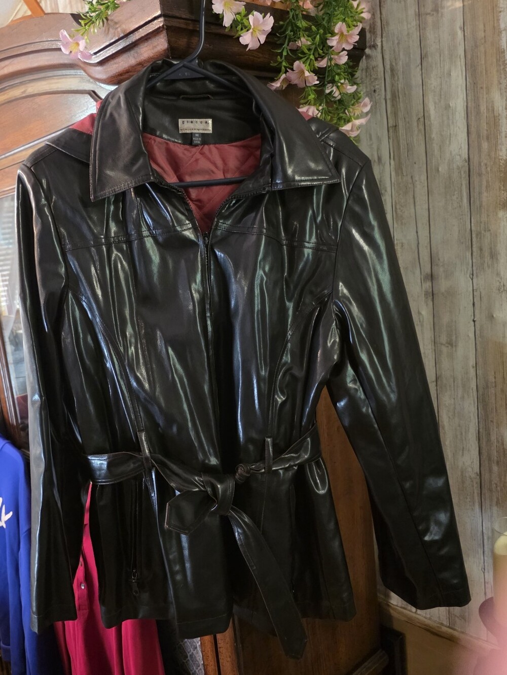 Giacca  Black Faux Leather Belted JACKET with Burgundy Lining